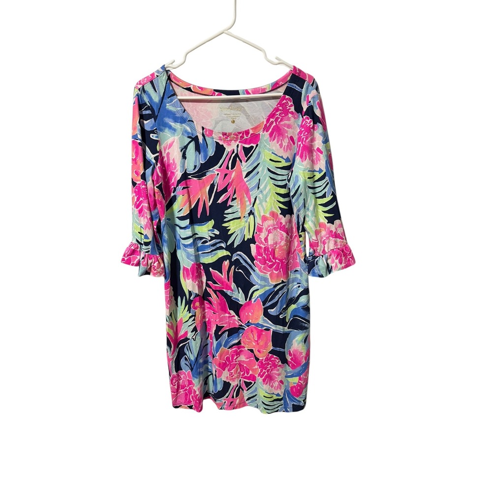 Lilly Pulitzer Size Large UPF 50 Floral Ruffle Sleeve Knit Shift Pink Blue